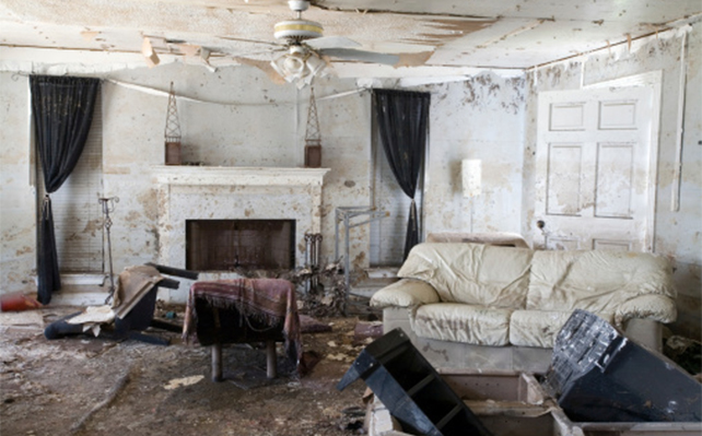 water damaged living room after fire