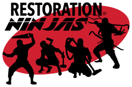 Restoration Ninjas logo mark in white and red with alternate white logo